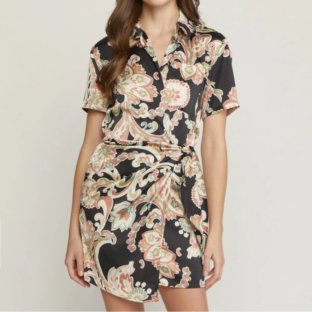 🌼NWT Entro Satin Paisley Short Faux Wrap Dress